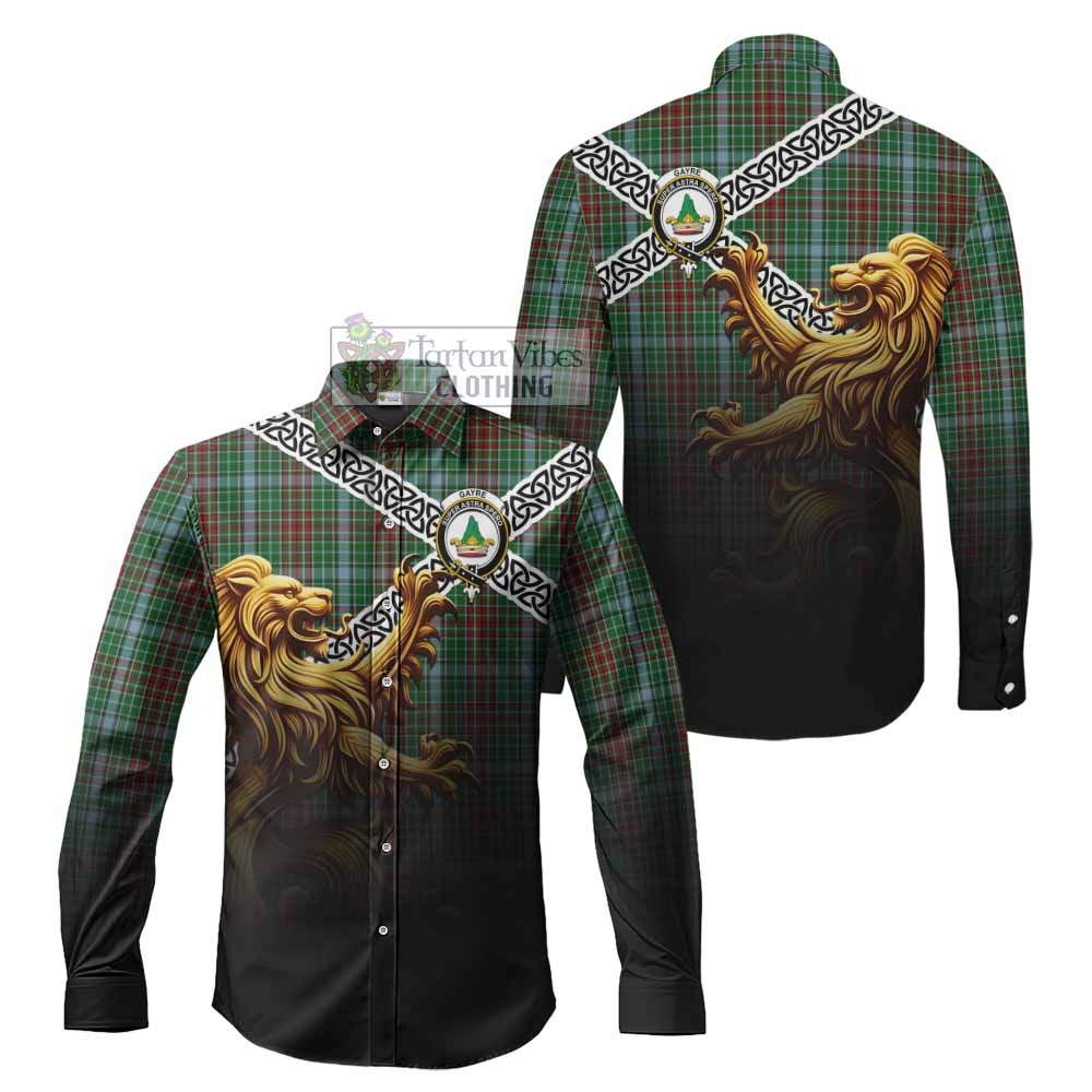 Tartan Vibes Clothing Gayre Crest Tartan Long Sleeve Button Shirt with Golden Lion Emblem Celtic Style