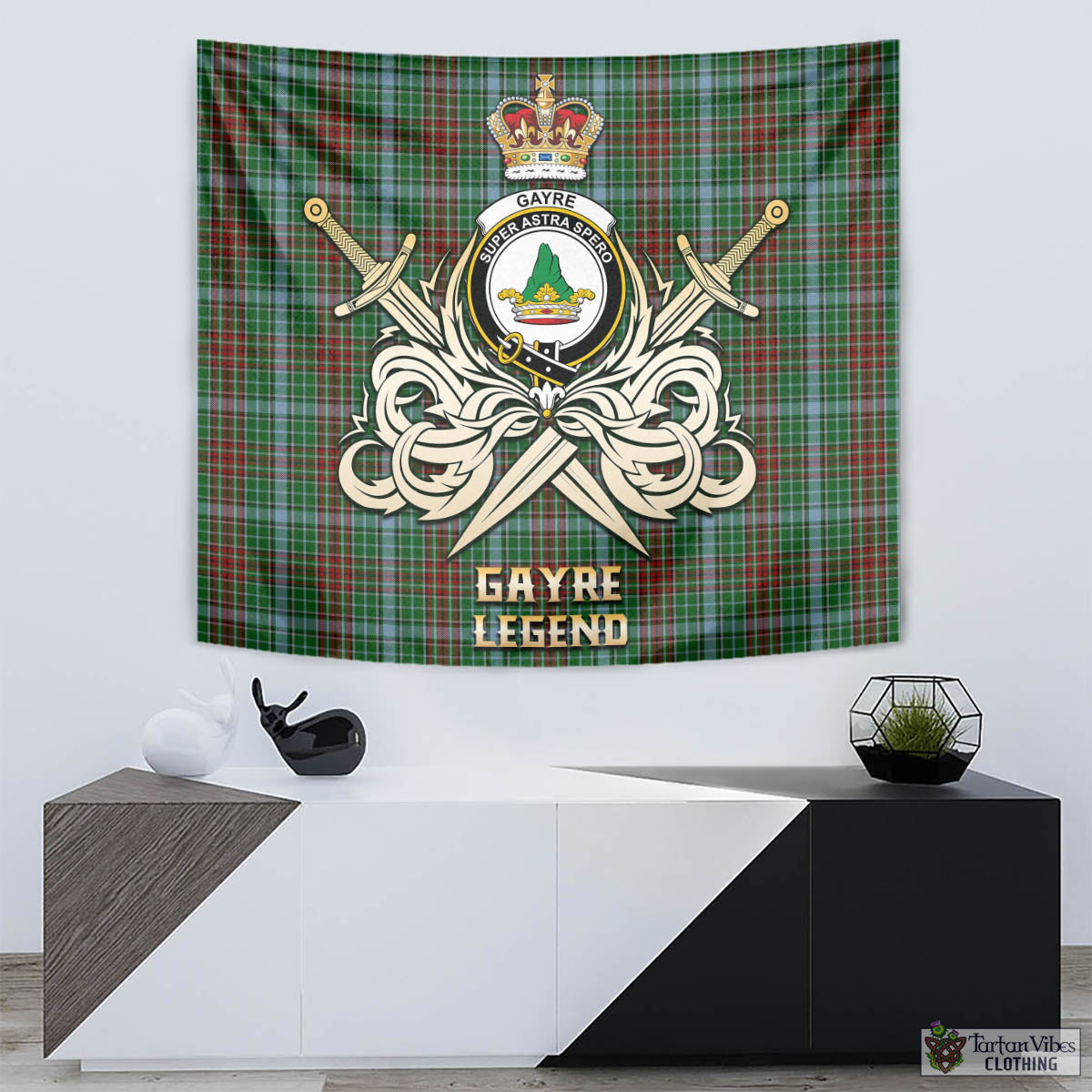 Tartan Vibes Clothing Gayre Tartan Tapestry with Clan Crest and the Golden Sword of Courageous Legacy