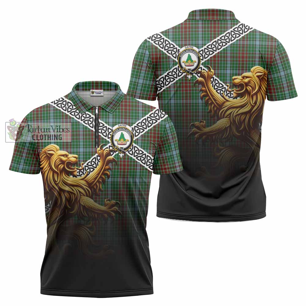 Tartan Vibes Clothing Gayre Crest Tartan Zipper Polo Shirt with Golden Lion Emblem Celtic Style