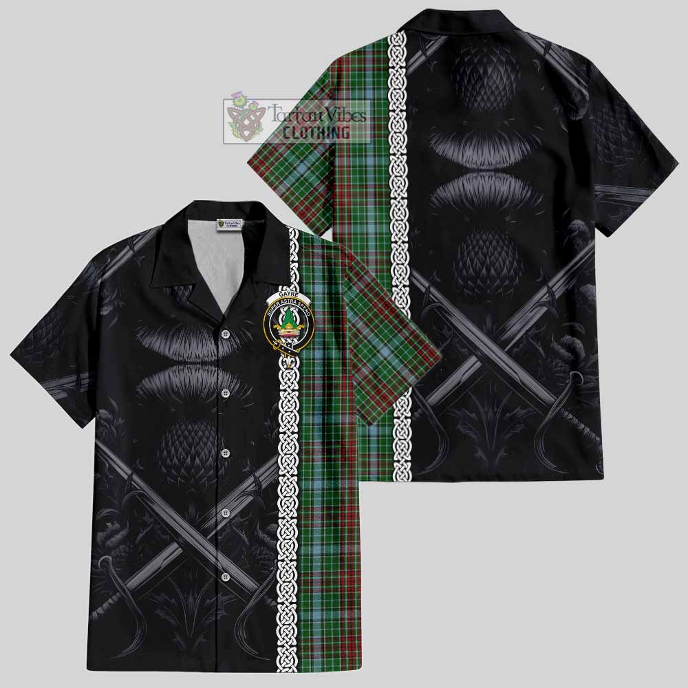 Tartan Vibes Clothing Gayre Tartan Short Sleeve Button Shirt with Family Crest Cross Sword Thistle Celtic Vibes