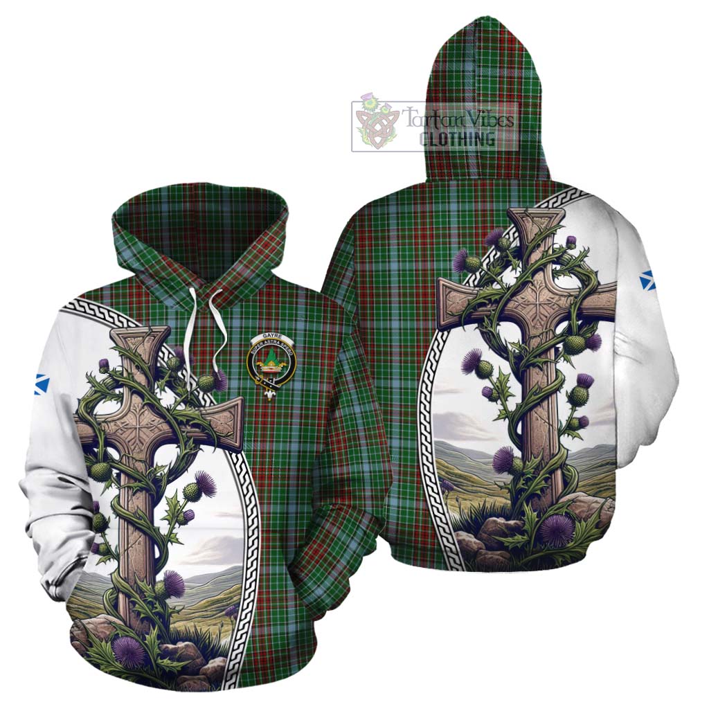 Tartan Vibes Clothing Gayre Tartan Cotton Hoodie with Family Crest and St. Andrew's Cross Accented by Thistle Vines
