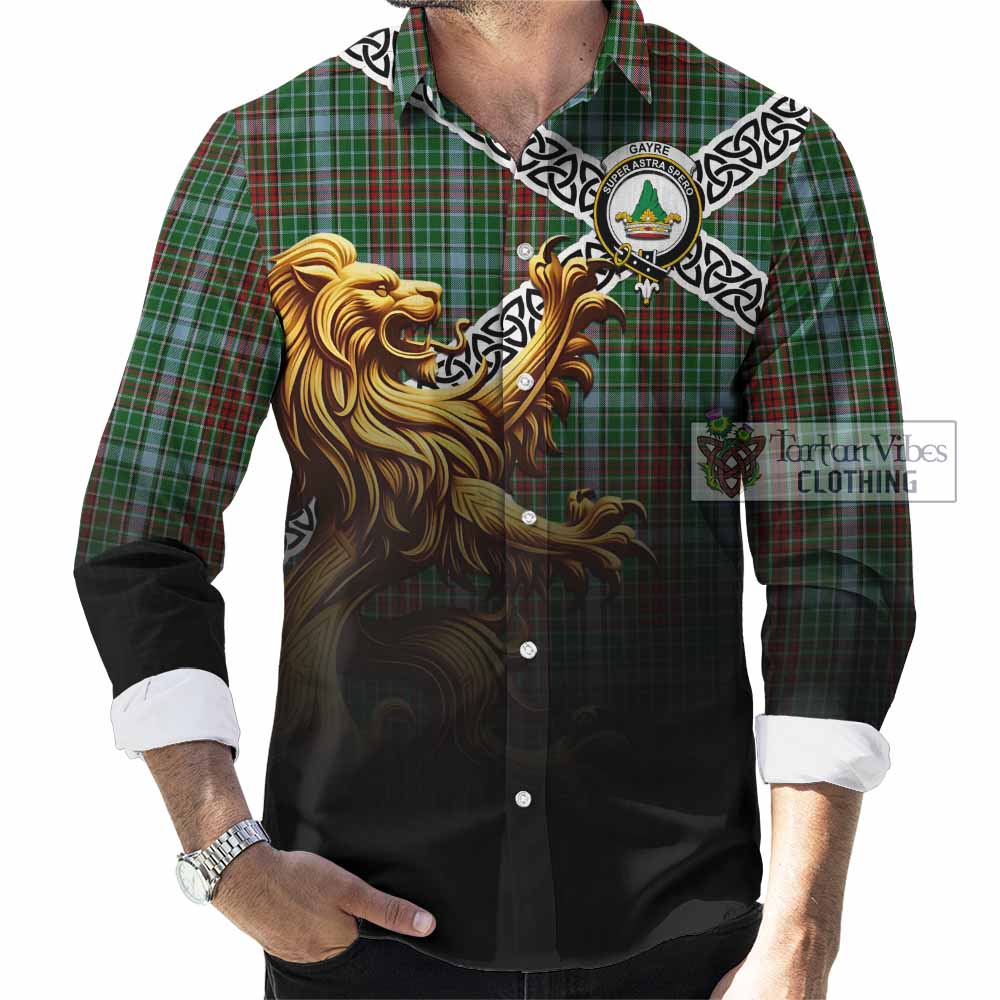 Tartan Vibes Clothing Gayre Crest Tartan Long Sleeve Button Shirt with Golden Lion Emblem Celtic Style