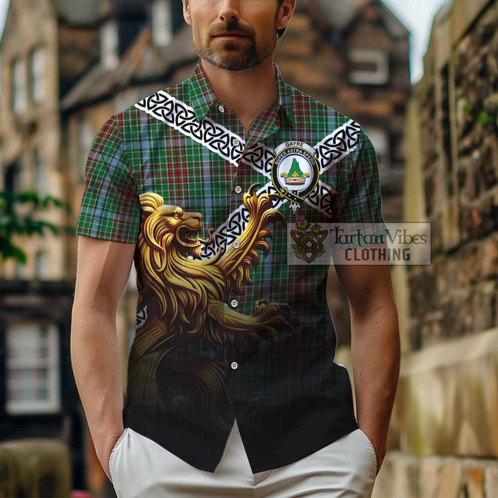 Tartan Vibes Clothing Gayre Crest Tartan Short Sleeve Button Shirt with Golden Lion Emblem Celtic Style