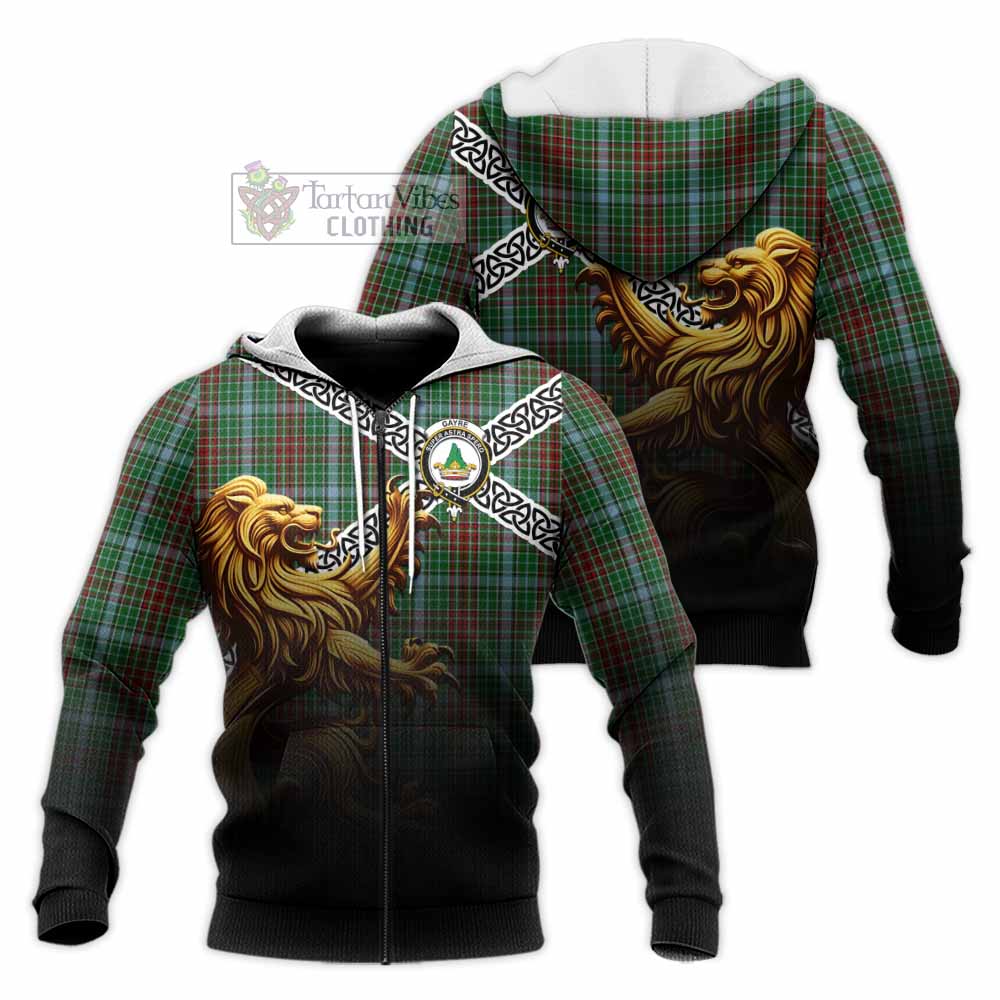 Tartan Vibes Clothing Gayre Crest Tartan Knitted Hoodie with Golden Lion Emblem Celtic Style