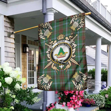 Gayre Tartan Garden Flag with Family Crest and Golden Thistle Crossed Sword Design