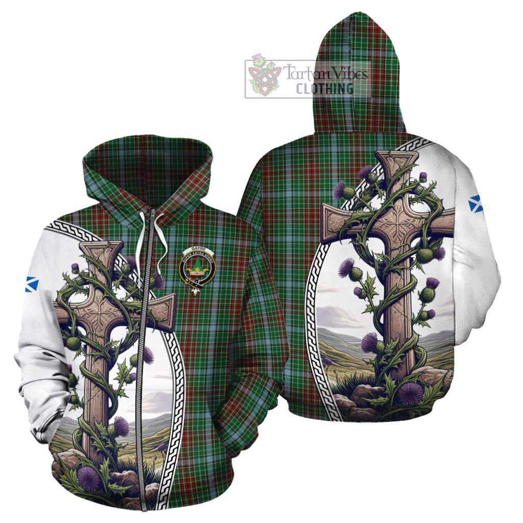 Tartan Vibes Clothing Gayre Tartan Cotton Hoodie with Family Crest and St. Andrew's Cross Accented by Thistle Vines