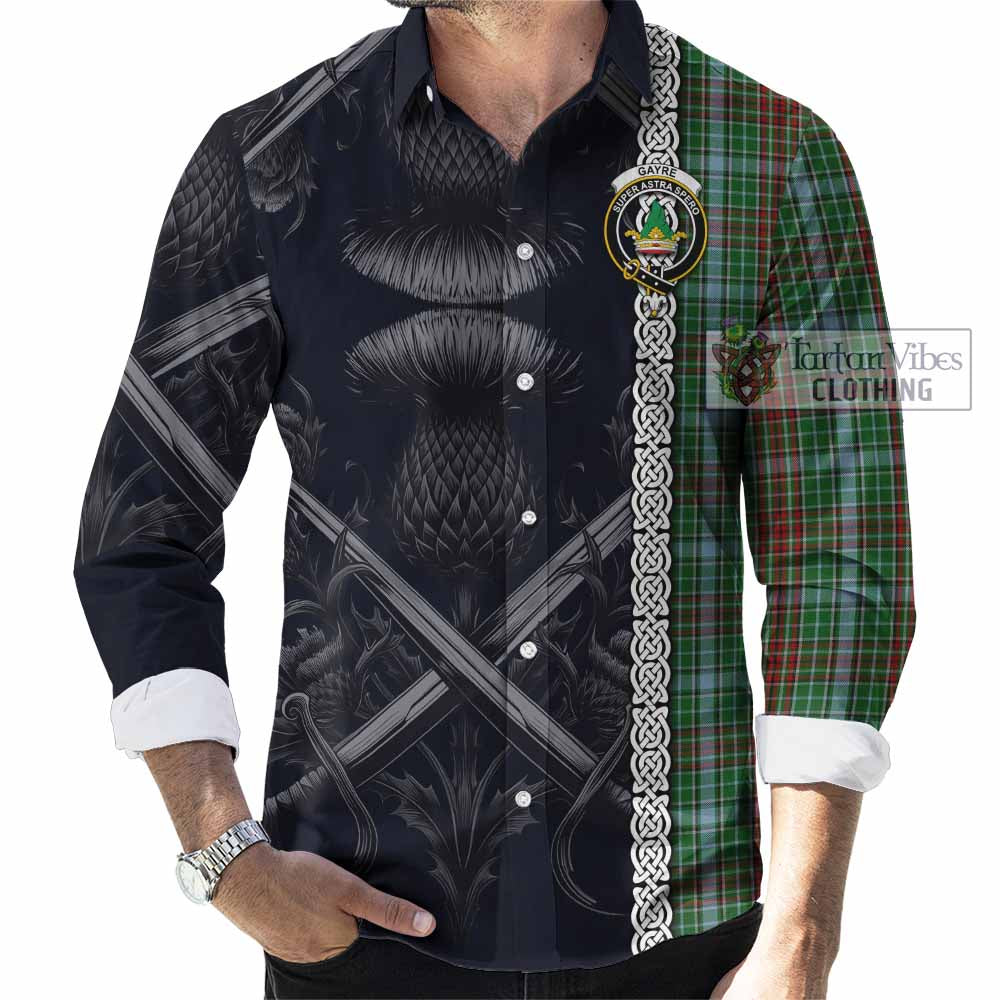 Tartan Vibes Clothing Gayre Tartan Long Sleeve Button Shirt with Family Crest Cross Sword Thistle Celtic Vibes