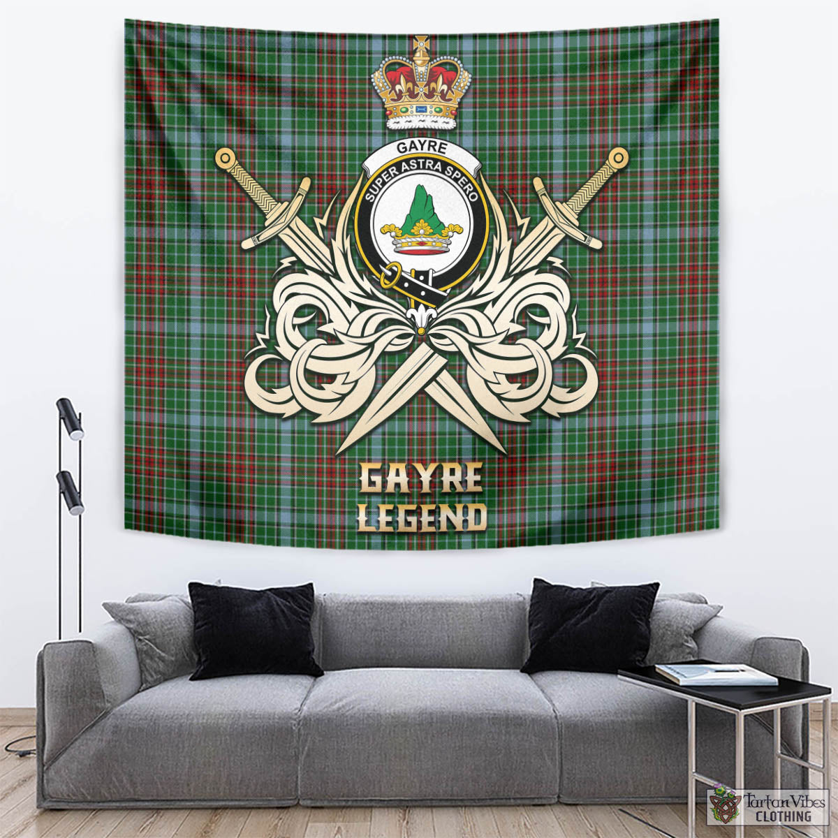 Tartan Vibes Clothing Gayre Tartan Tapestry with Clan Crest and the Golden Sword of Courageous Legacy