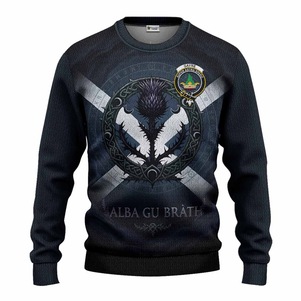Gayre Clan Crest Knitted Sweater with Celtic Knot Thistle and Saltire