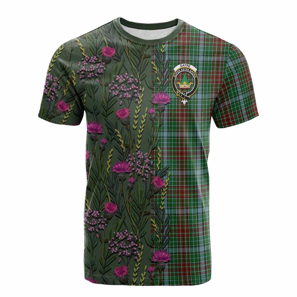 Gayre Family Crest Tartan Cotton T-shirt Scottish Thistle Flower Pattern Half Style - Tartan Vibes Clothing