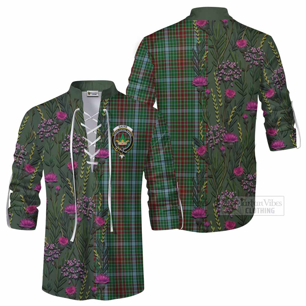 Gayre Family Crest Tartan Ghillie Shirt Scottish Thistle Flower Pattern Half Style - Tartan Vibes Clothing