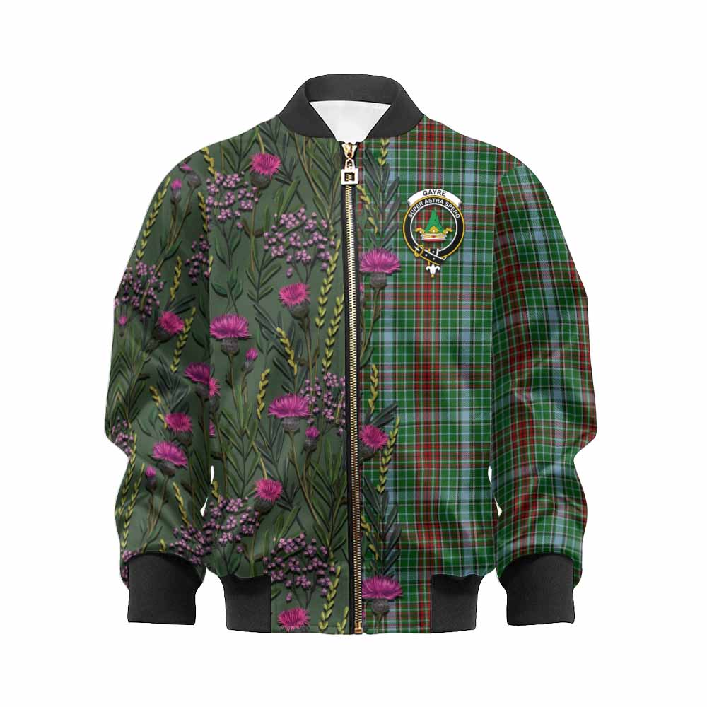 Gayre Family Crest Tartan Kid Bomber Jacket Scottish Thistle Flower Pattern Half Style - Tartan Vibes Clothing