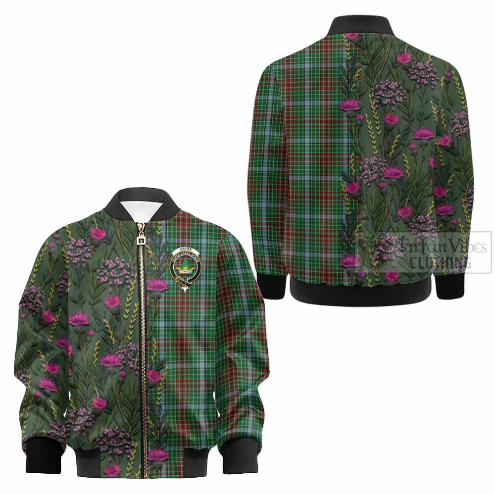 Gayre Family Crest Tartan Kid Bomber Jacket Scottish Thistle Flower Pattern Half Style - Tartan Vibes Clothing