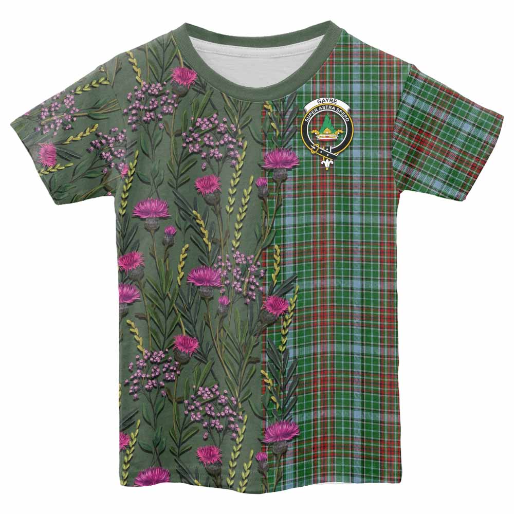 Gayre Family Crest Tartan Kid T-shirt Scottish Thistle Flower Pattern Half Style - Tartan Vibes Clothing