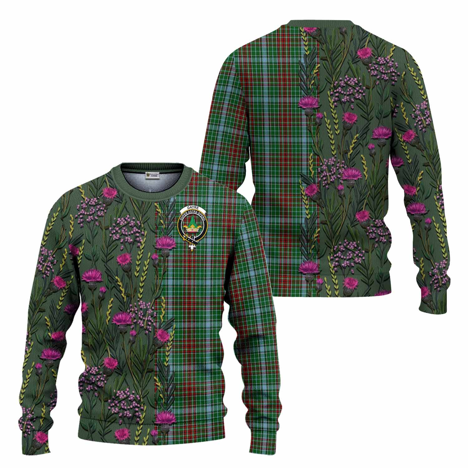 Gayre Family Crest Tartan Knitted Sweater Scottish Thistle Flower Pattern Half Style - Tartan Vibes Clothing