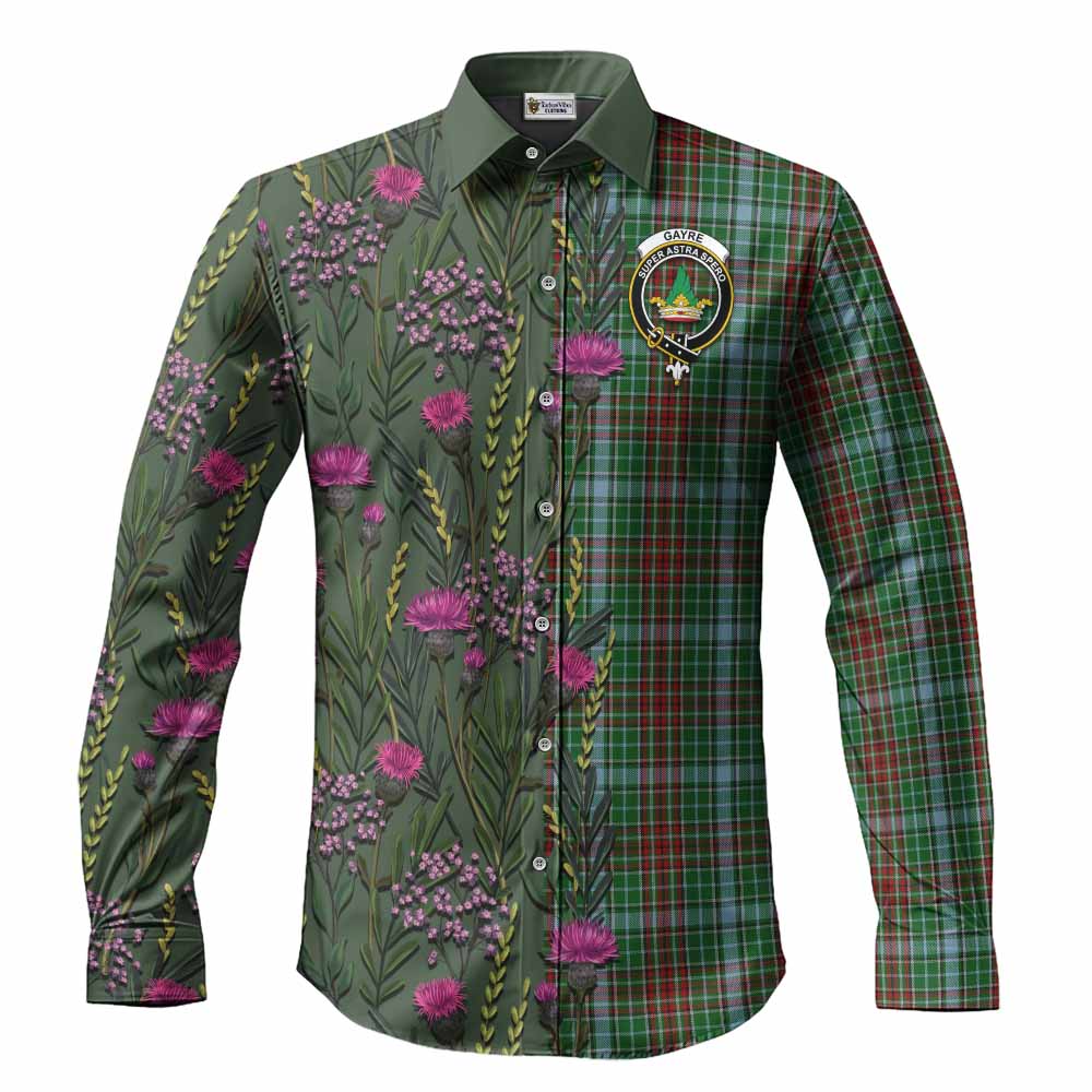 Gayre Family Crest Tartan Long Sleeve Button Shirts Scottish Thistle Flower Pattern Half Style - Tartan Vibes Clothing