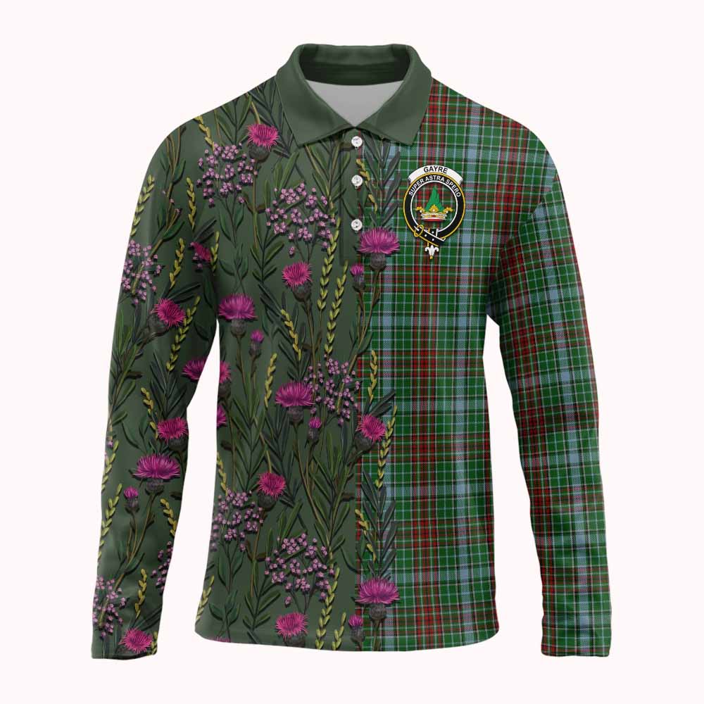 Gayre Family Crest Tartan Long Sleeve Polo Shirt Scottish Thistle Flower Pattern Half Style - Tartan Vibes Clothing