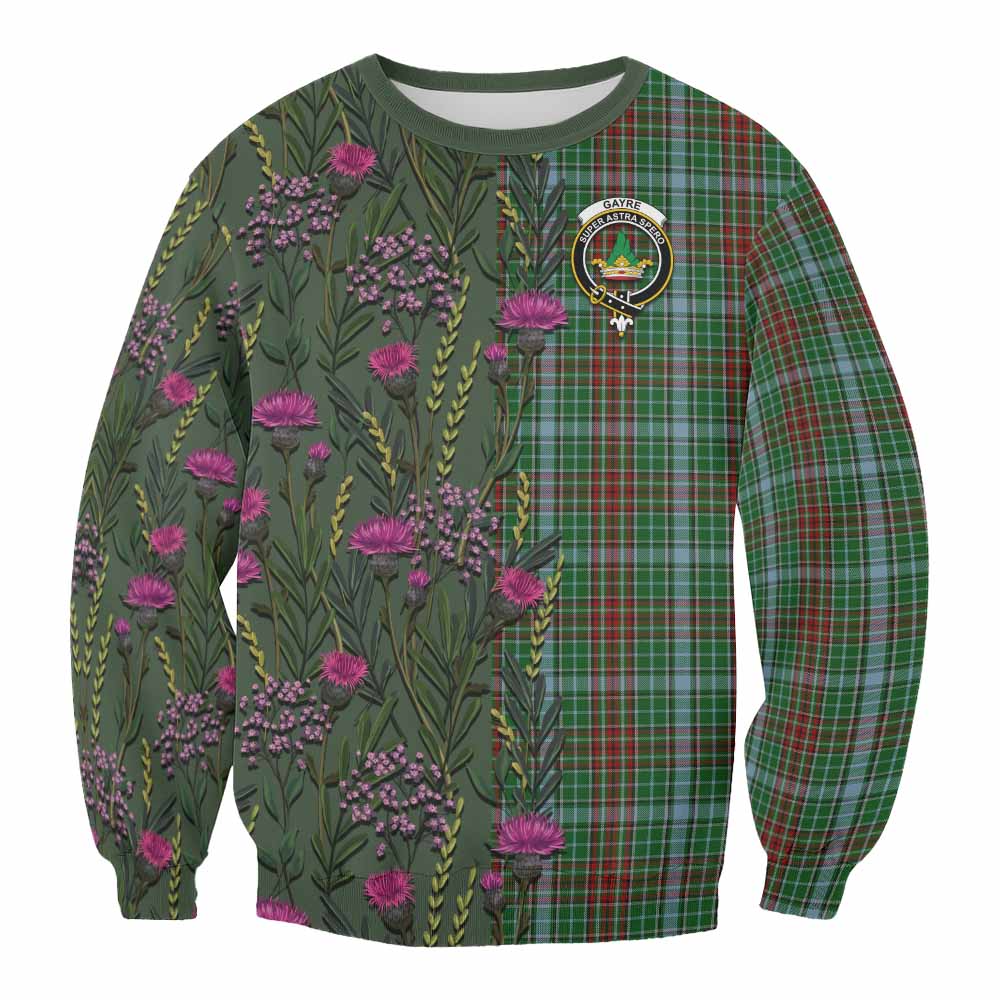 Gayre Family Crest Tartan Sweatshirt Scottish Thistle Flower Pattern Half Style - Tartan Vibes Clothing