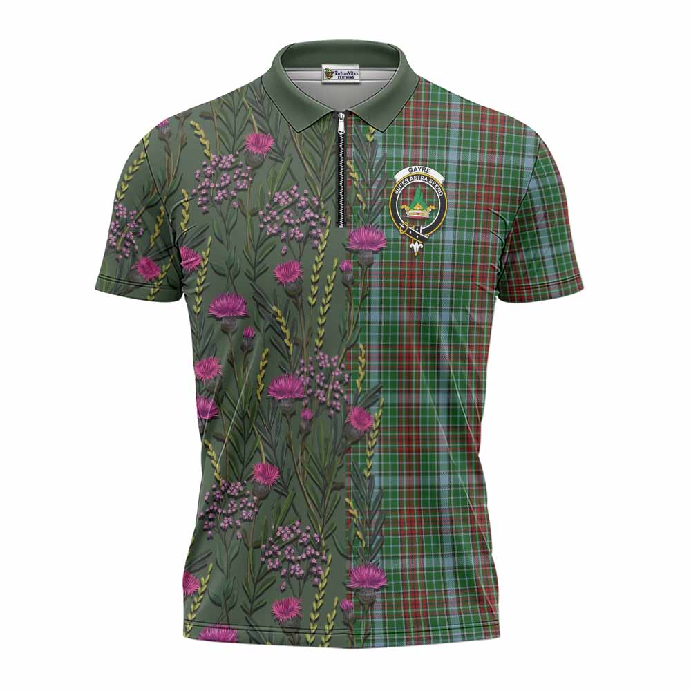 Gayre Family Crest Tartan Zipper Polo Shirt Scottish Thistle Flower Pattern Half Style - Tartan Vibes Clothing