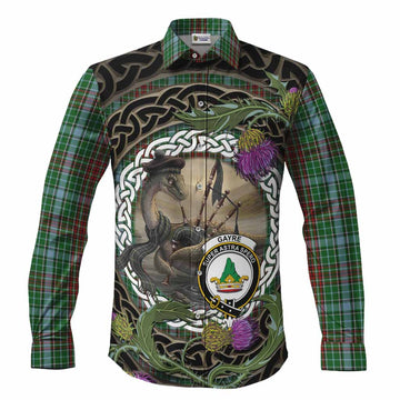Gayre Tartan Crest Bagpipe Nessie Long Sleeve Button Shirts Scottish Loch Ness Monster Celtic Thistle