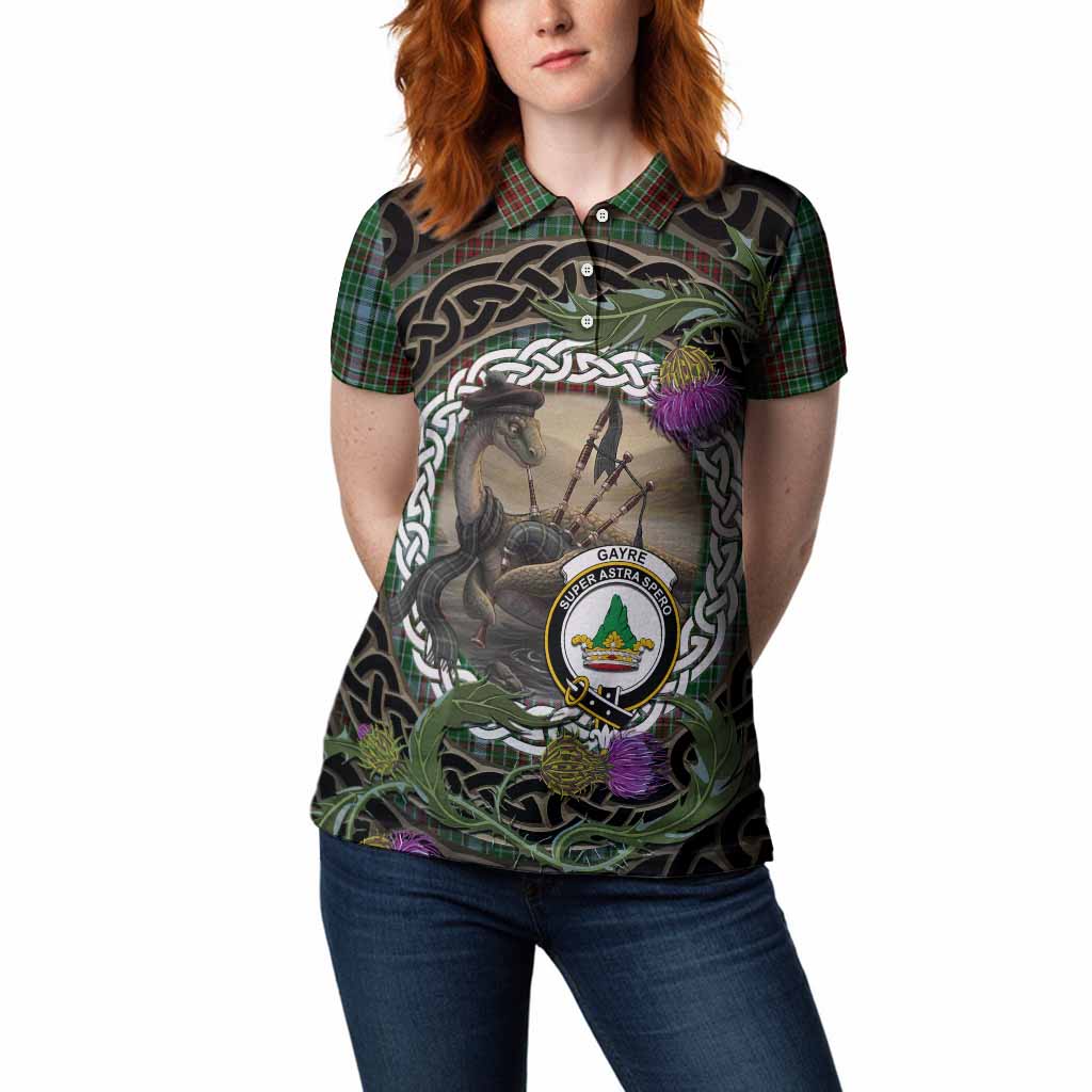 Gayre Tartan Crest Bagpipe Nessie Women Polo Shirt Scottish Loch Ness Monster Celtic Thistle