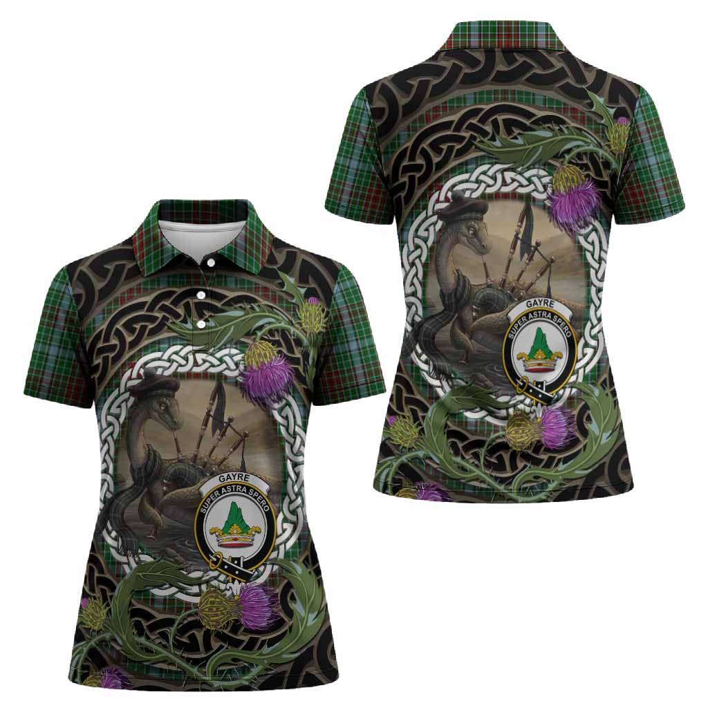 Gayre Tartan Crest Bagpipe Nessie Women Polo Shirt Scottish Loch Ness Monster Celtic Thistle