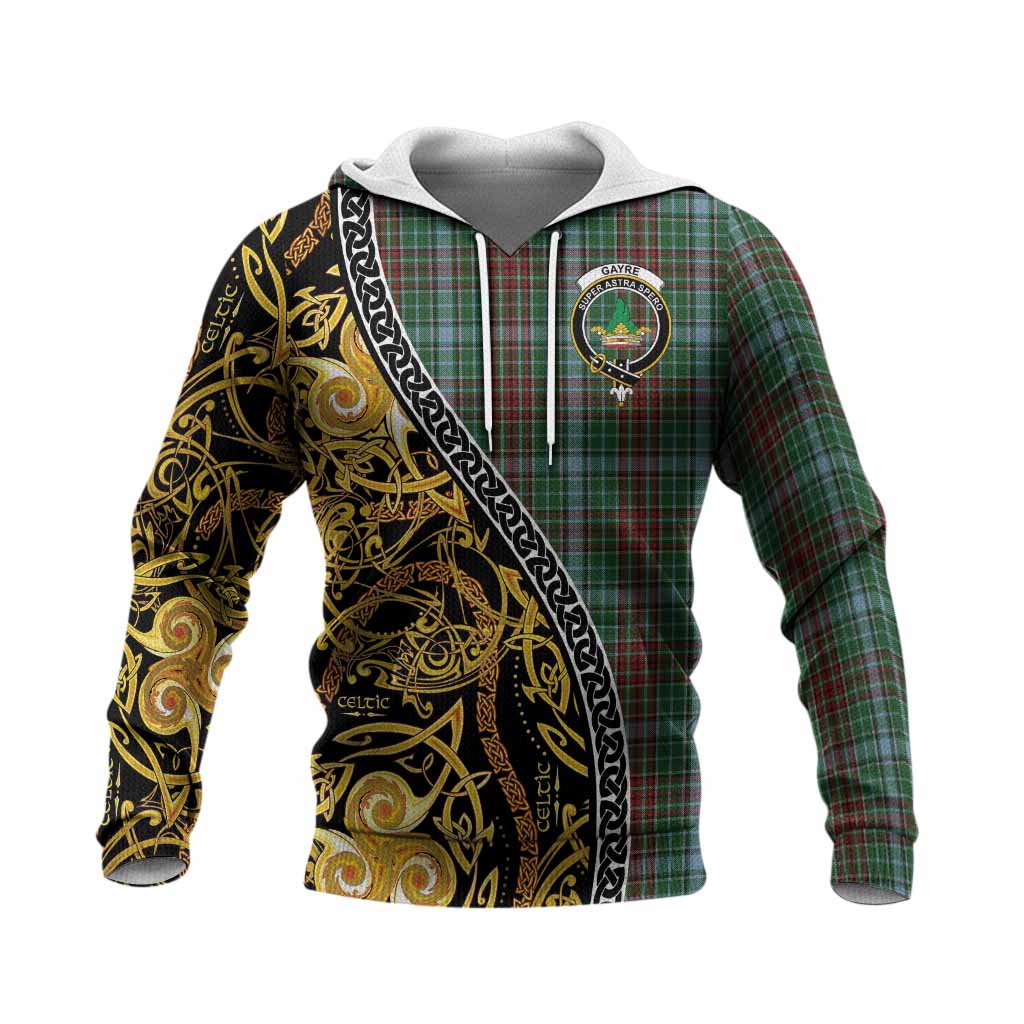 Gayre Tartan Crest Knitted Hoodie Celtic Knot and Triple Trickle Spiral Symbols