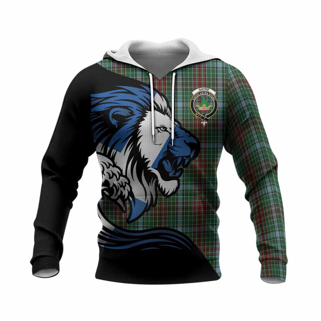 Gayre Tartan Crest Knitted Hoodie Scottish Golden Lions Wave Flow