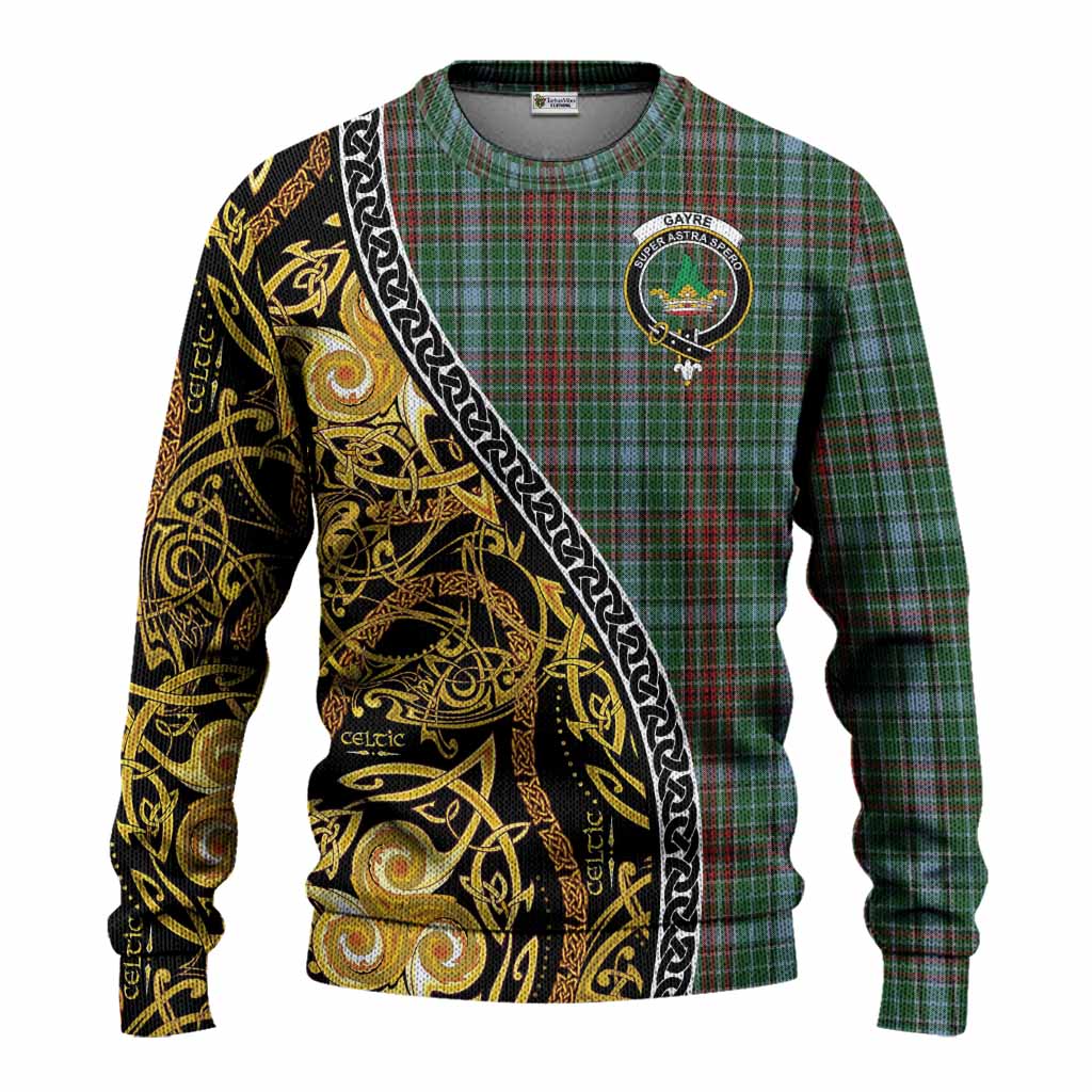 Gayre Tartan Crest Knitted Sweater Celtic Knot and Triple Trickle Spiral Symbols