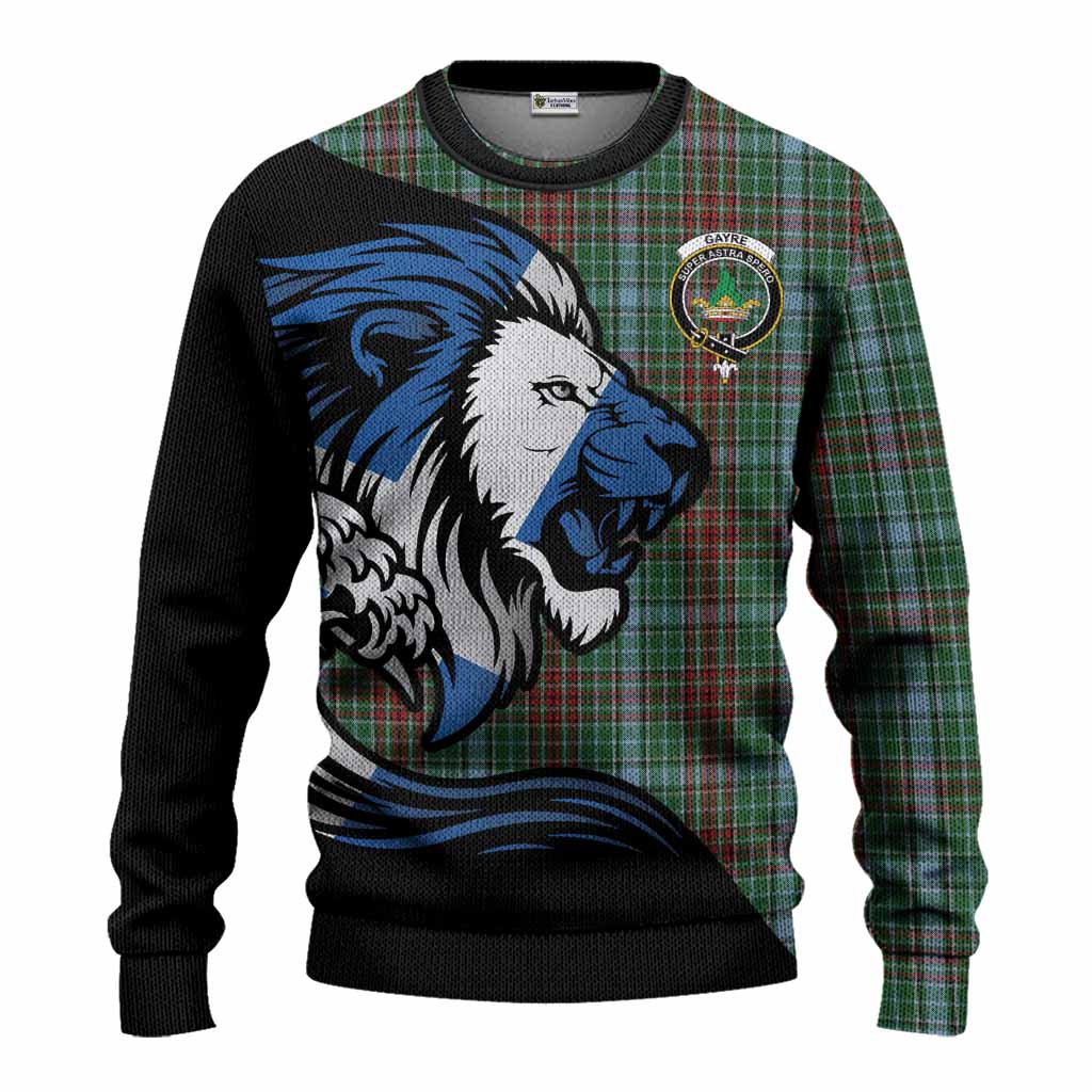 Gayre Tartan Crest Knitted Sweater Scottish Golden Lions Wave Flow