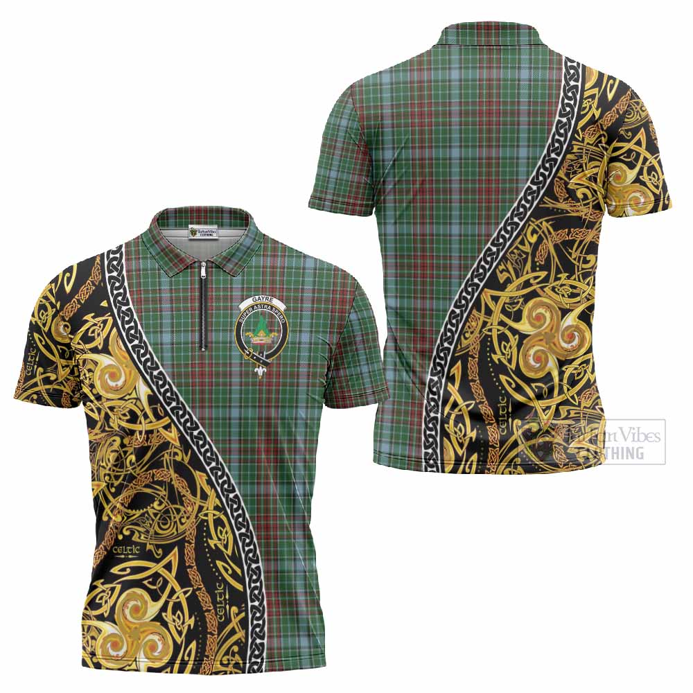 Gayre Tartan Crest Zipper Polo Shirt Celtic Knot and Triple Trickle Spiral Symbols