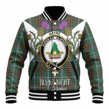 Gayre Tartan Family Crest Baseball Jacket Scottish Burns Night Thistle Floral