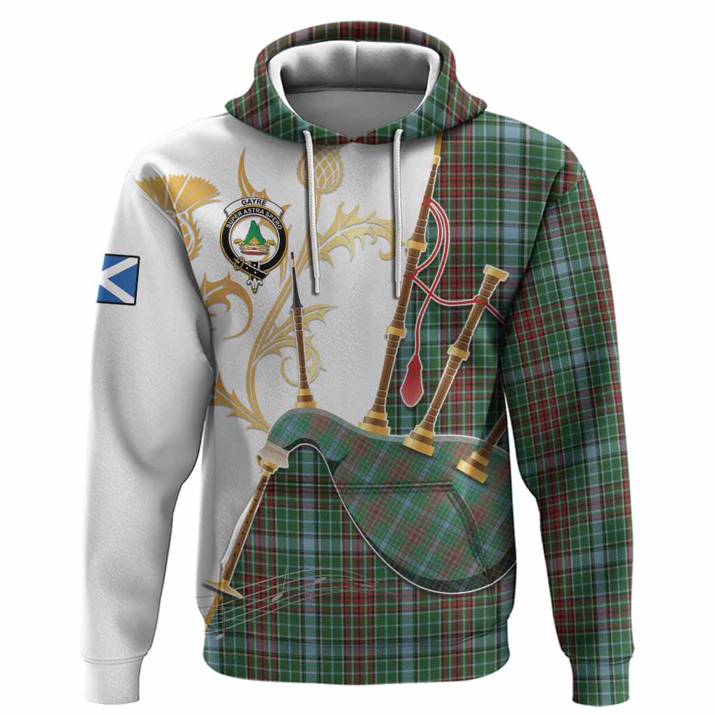Gayre Tartan Family Crest Hoodie Bagpipes with Scottish Thistle