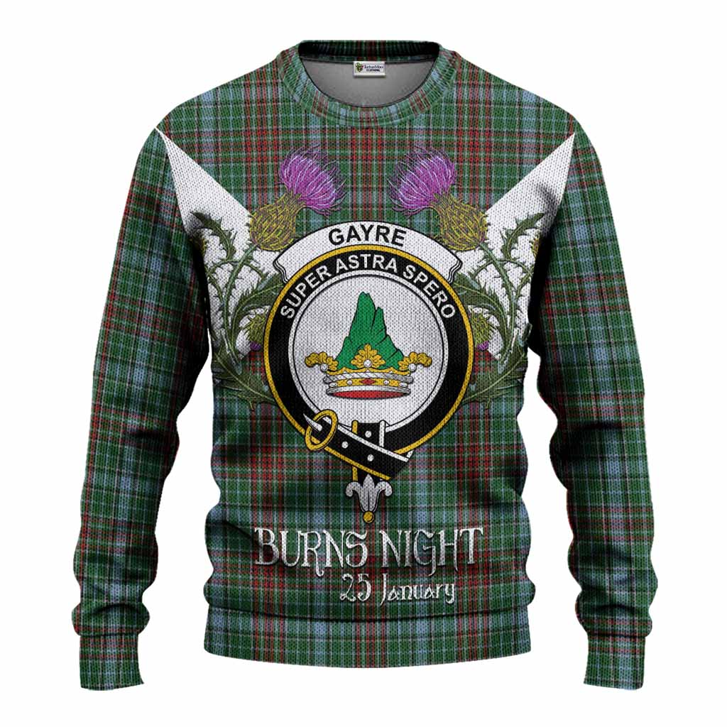Gayre Tartan Family Crest Knitted Sweater Scottish Burns Night Thistle Floral
