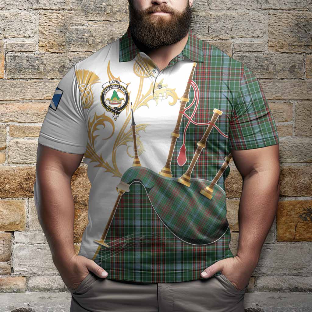 Gayre Tartan Family Crest Polo Shirt Bagpipes with Scottish Thistle
