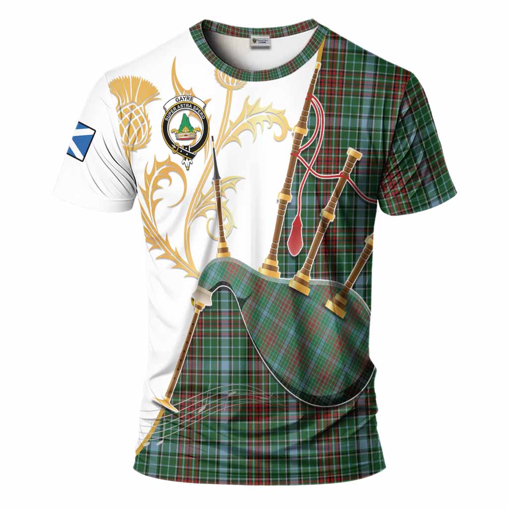 Gayre Tartan Family Crest T-Shirt Bagpipes with Scottish Thistle