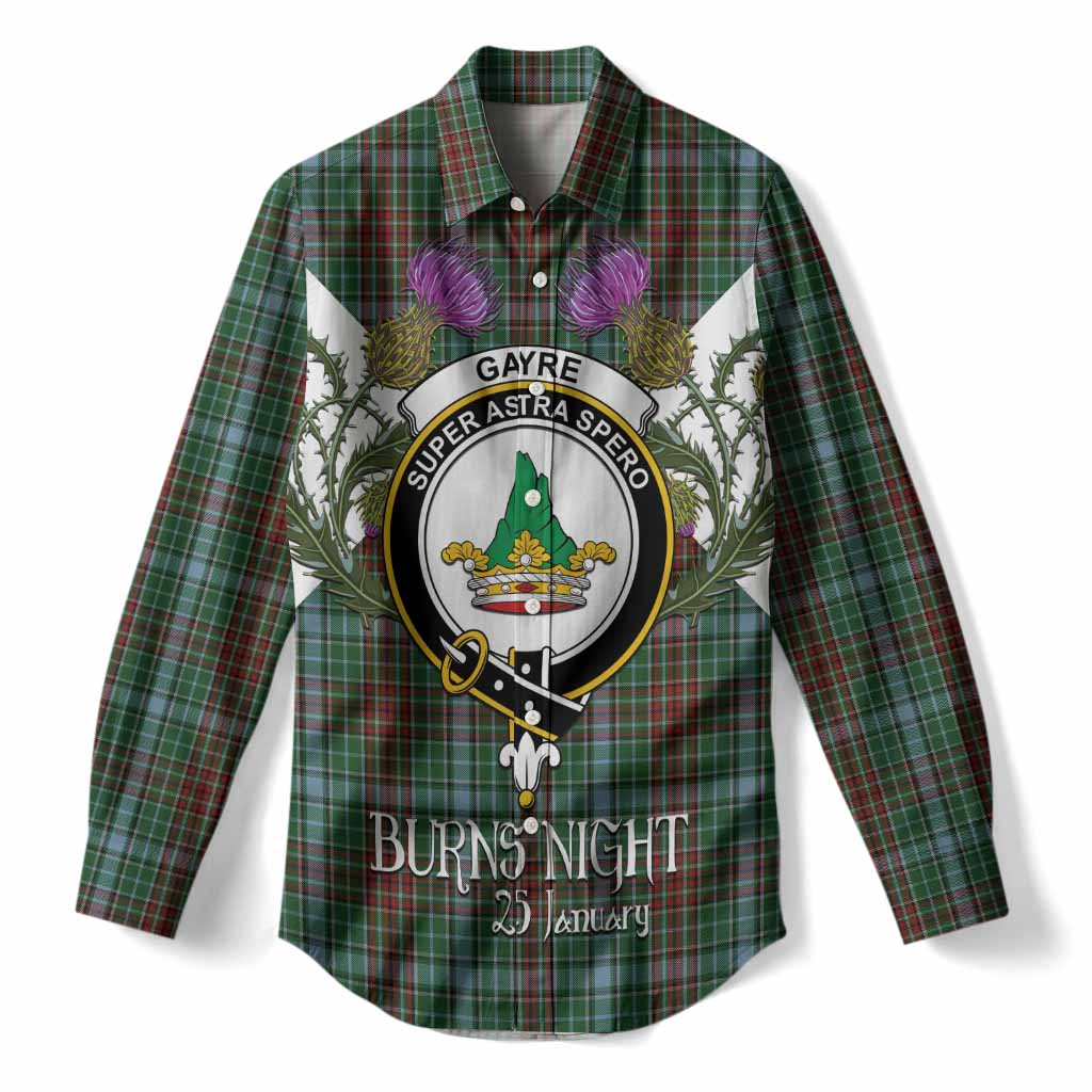 Gayre Tartan Family Crest Women Casual Shirt Scottish Burns Night Thistle Floral