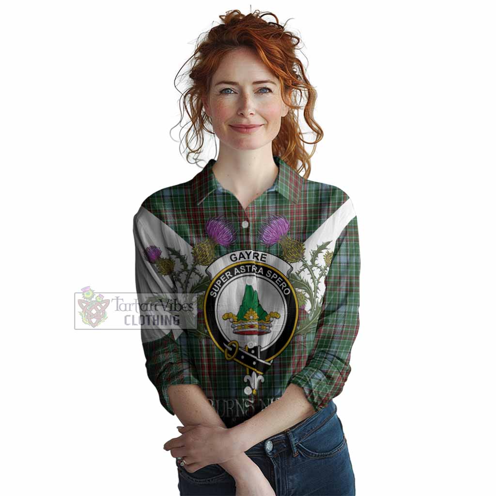 Gayre Tartan Family Crest Women Casual Shirt Scottish Burns Night Thistle Floral