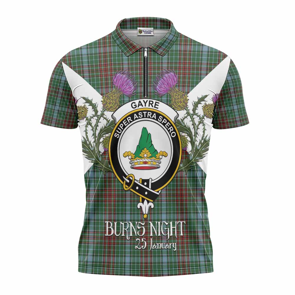 Gayre Tartan Family Crest Zipper Polo Shirt Scottish Burns Night Thistle Floral