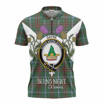 Gayre Tartan Family Crest Zipper Polo Shirt Scottish Burns Night Thistle Floral