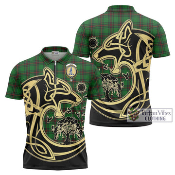 Ged Tartan Zipper Polo Shirt with Family Crest Celtic Wolf Style Unisex - Tartan Vibes Clothing
