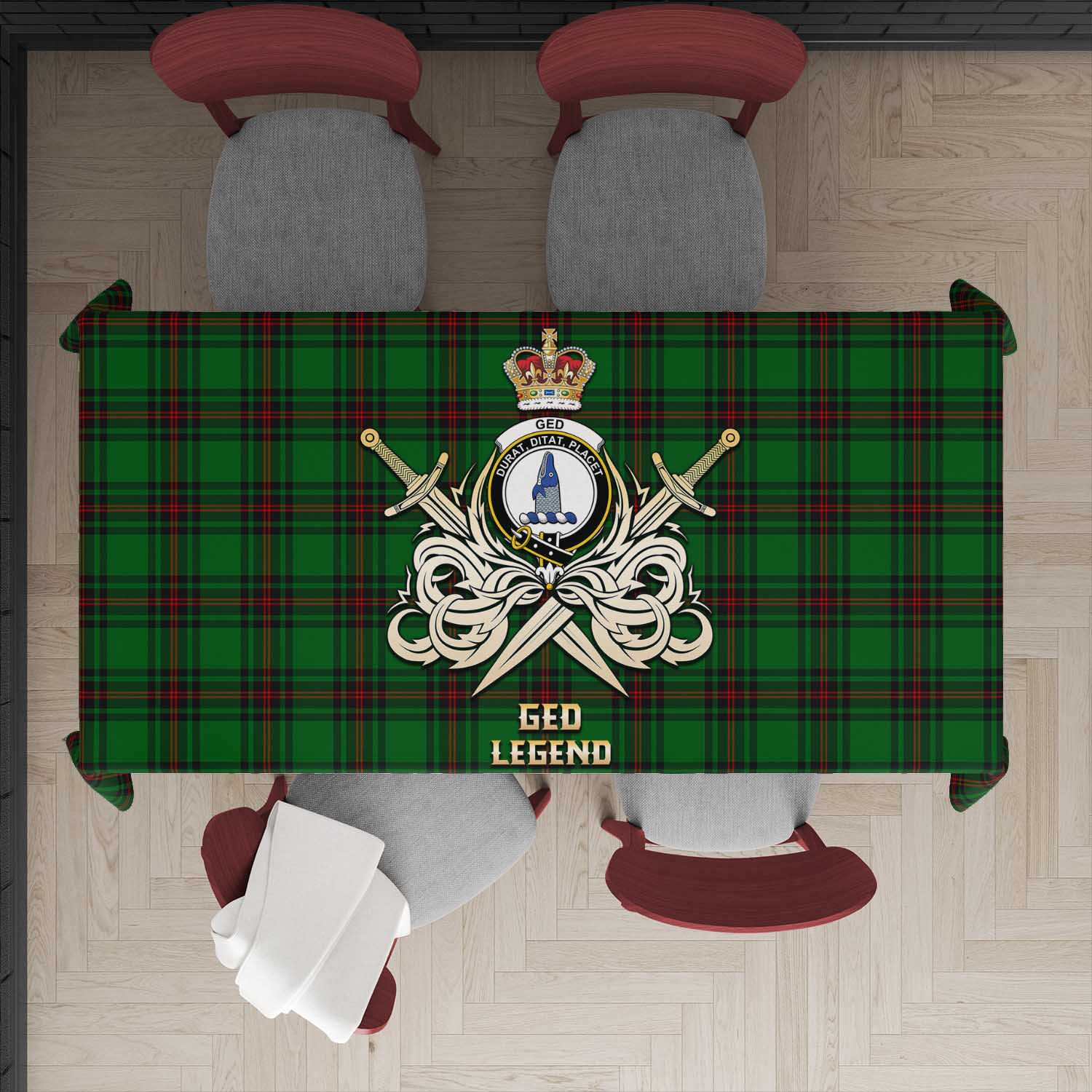 Ged Tartan Tablecloth with Clan Crest and the Golden Sword of Courageous Legacy - Tartan Vibes Clothing