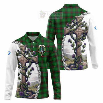Ged Tartan Long Sleeve Polo Shirt with Family Crest and St. Andrew's Cross Accented by Thistle Vines Unisex - Tartan Vibes Clothing
