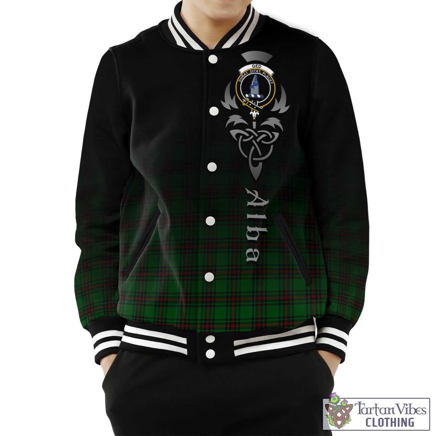 Ged Tartan Baseball Jacket Featuring Alba Gu Brath Family Crest Celtic Inspired Unisex - Tartan Vibes Clothing