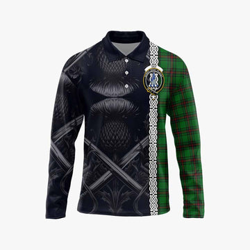 Ged Tartan Long Sleeve Polo Shirt with Family Crest Cross Sword Thistle Celtic Vibes Unisex - Tartan Vibes Clothing