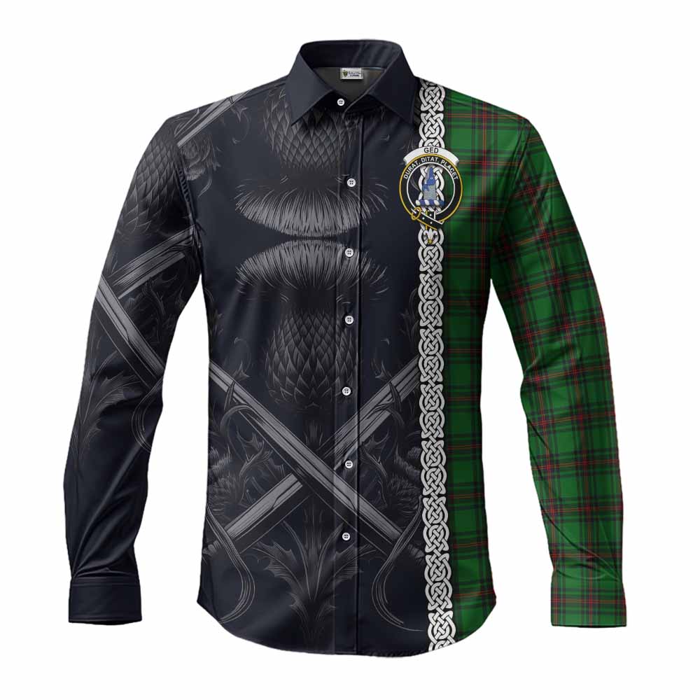 Tartan Vibes Clothing Ged Tartan Long Sleeve Button Shirt with Family Crest Cross Sword Thistle Celtic Vibes