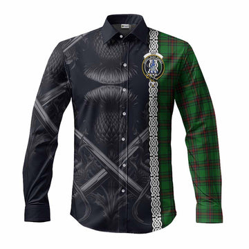 Tartan Vibes Clothing Ged Tartan Long Sleeve Button Shirt with Family Crest Cross Sword Thistle Celtic Vibes