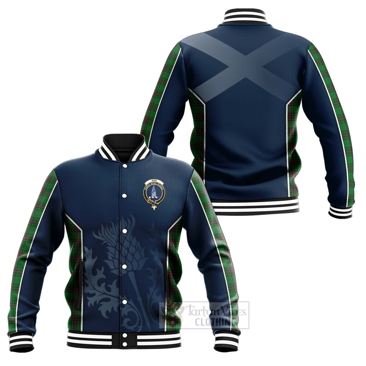 Ged Tartan Baseball Jacket with Family Crest and Scottish Thistle Vibes Sport Style Unisex - Tartan Vibes Clothing