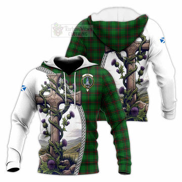 Ged Tartan Knitted Hoodie with Family Crest and St. Andrew's Cross Accented by Thistle Vines Unisex Knitted Pullover Hoodie - Tartan Vibes Clothing