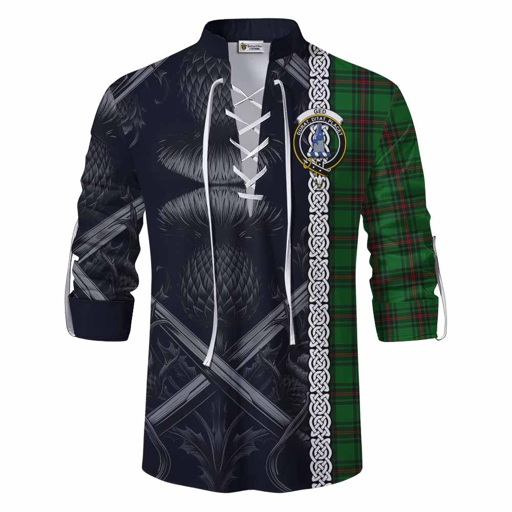 Tartan Vibes Clothing Ged Tartan Ghillie Kilt Shirt with Family Crest Cross Sword Thistle Celtic Vibes